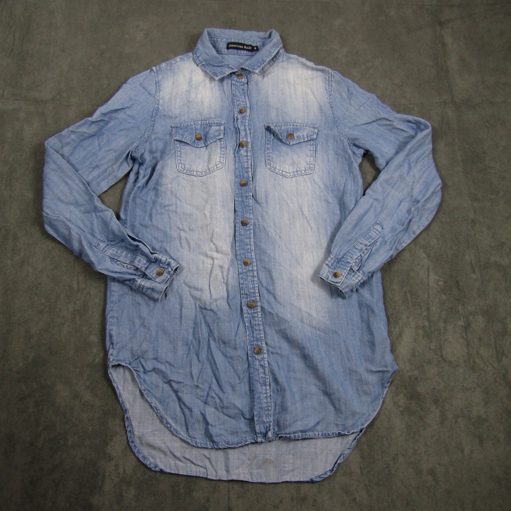American BAZI Button Down Shirt Womens Small Blue Ombre Tencel High Low Tunic